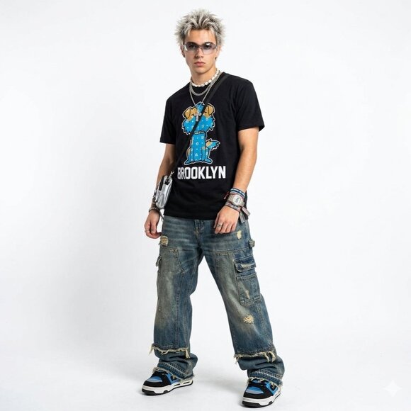 Brooklyn Vinnies Signature Blue Dog Graphic Print Short Sleeve Black Shirt Small - Picture 8 of 12